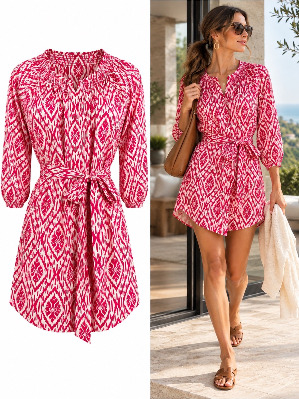 Anthropologie Maeve Frequencies Ikat Pink Belted Mini Shirt Dress Size XS